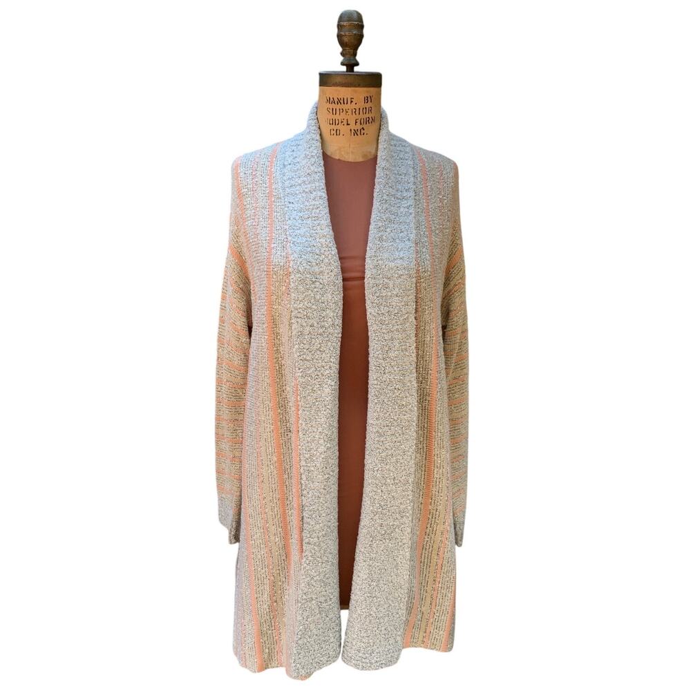 Textured Knit Open Front Cardigan Womens Size M Cozy Boho Duster Neutral Stripes